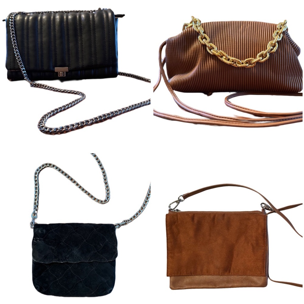 4 crossbody bags:Zara quilted;black suede;brown dumpling gold chain;brown suede